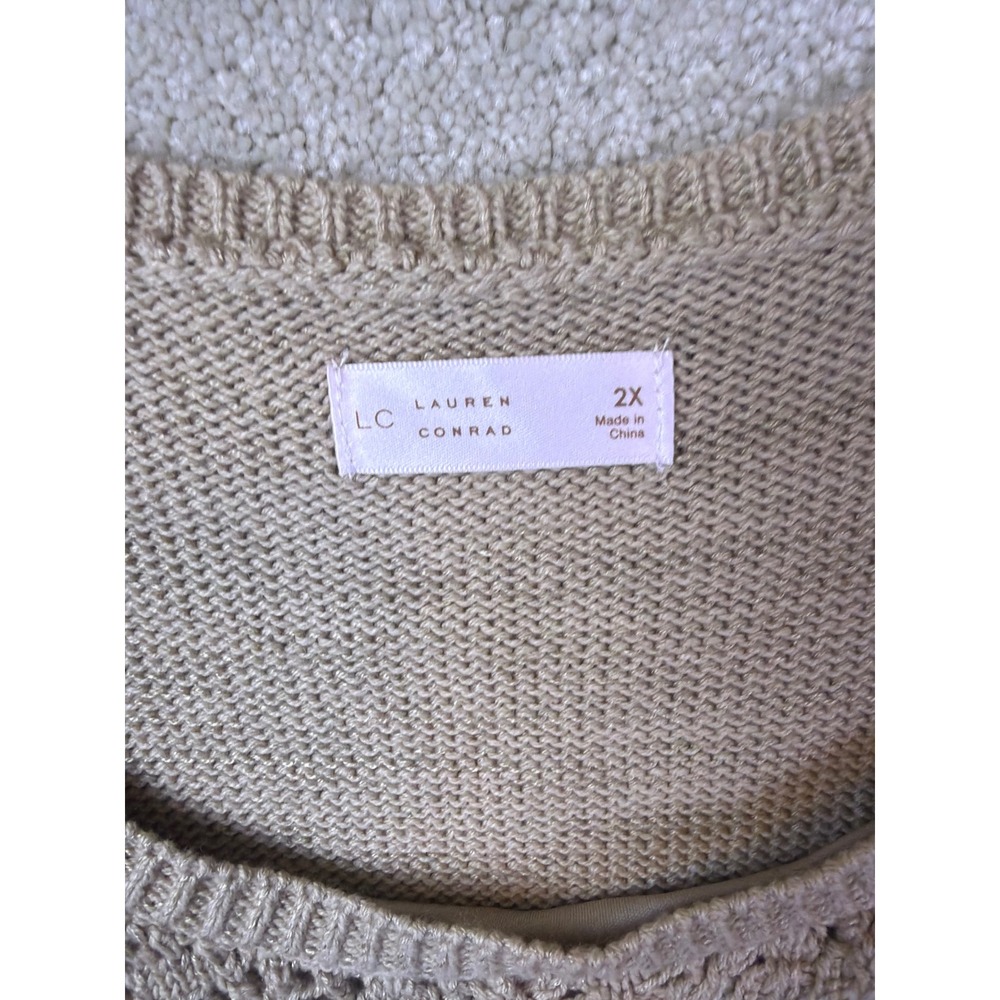 LC Lauren Conrad Sweater Tank Top Women 2X Tan White Striped Crochet Scallop NEW - Picture 3 of 8